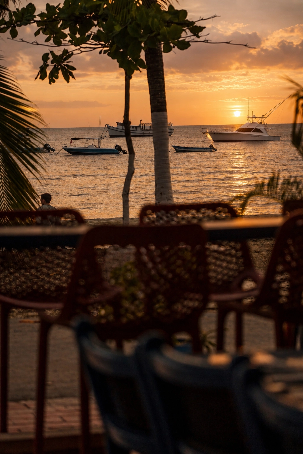 Vista desde las mesas de Cocos Beach Front hacia la bahía al atardecer